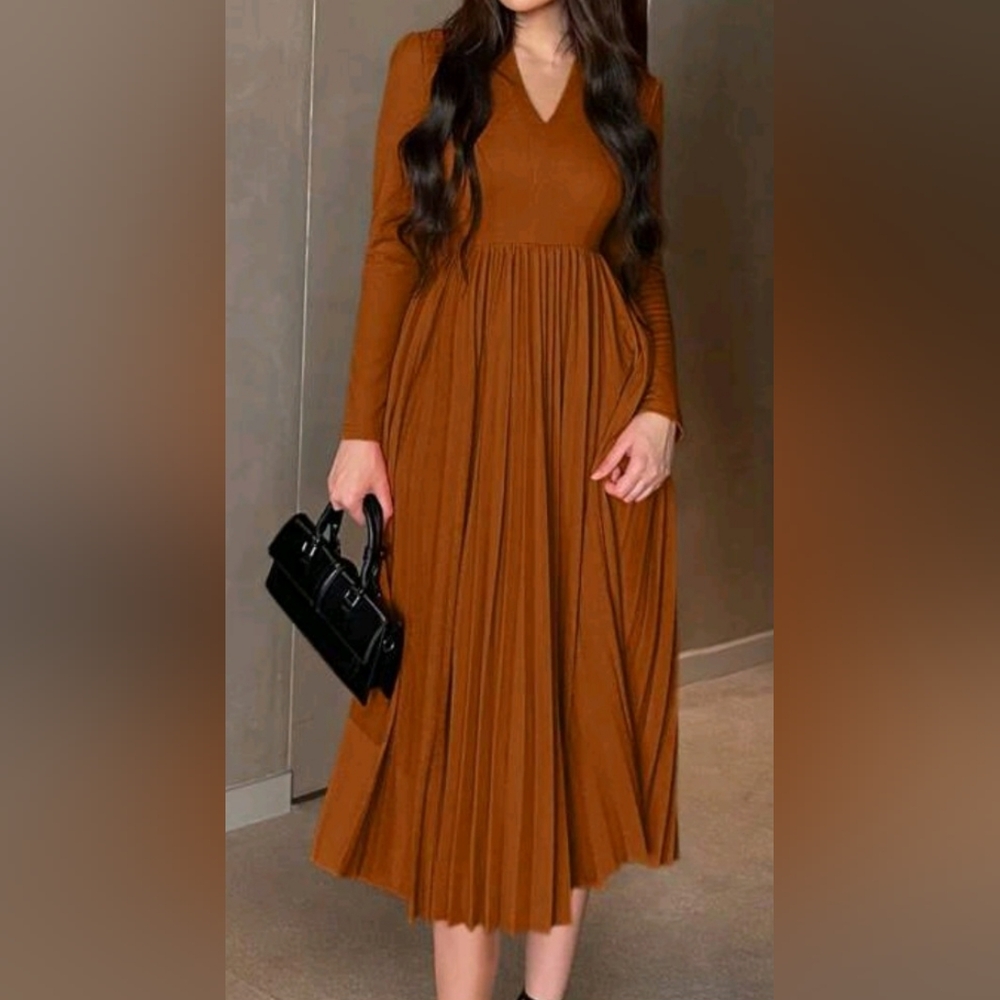 Womens V neck dress Rust Brown